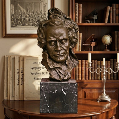 Dramatic bronze bust of Ludwig van Beethoven. Handcrafted sculpture with marble base—symbolizing strength, passion, and musical genius. Ideal for collectors and music lovers.