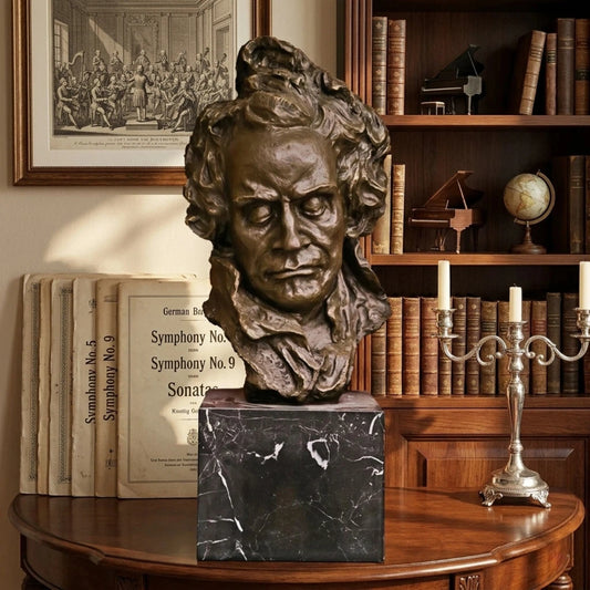 Dramatic bronze bust of Ludwig van Beethoven. Handcrafted sculpture with marble base—symbolizing strength, passion, and musical genius. Ideal for collectors and music lovers.