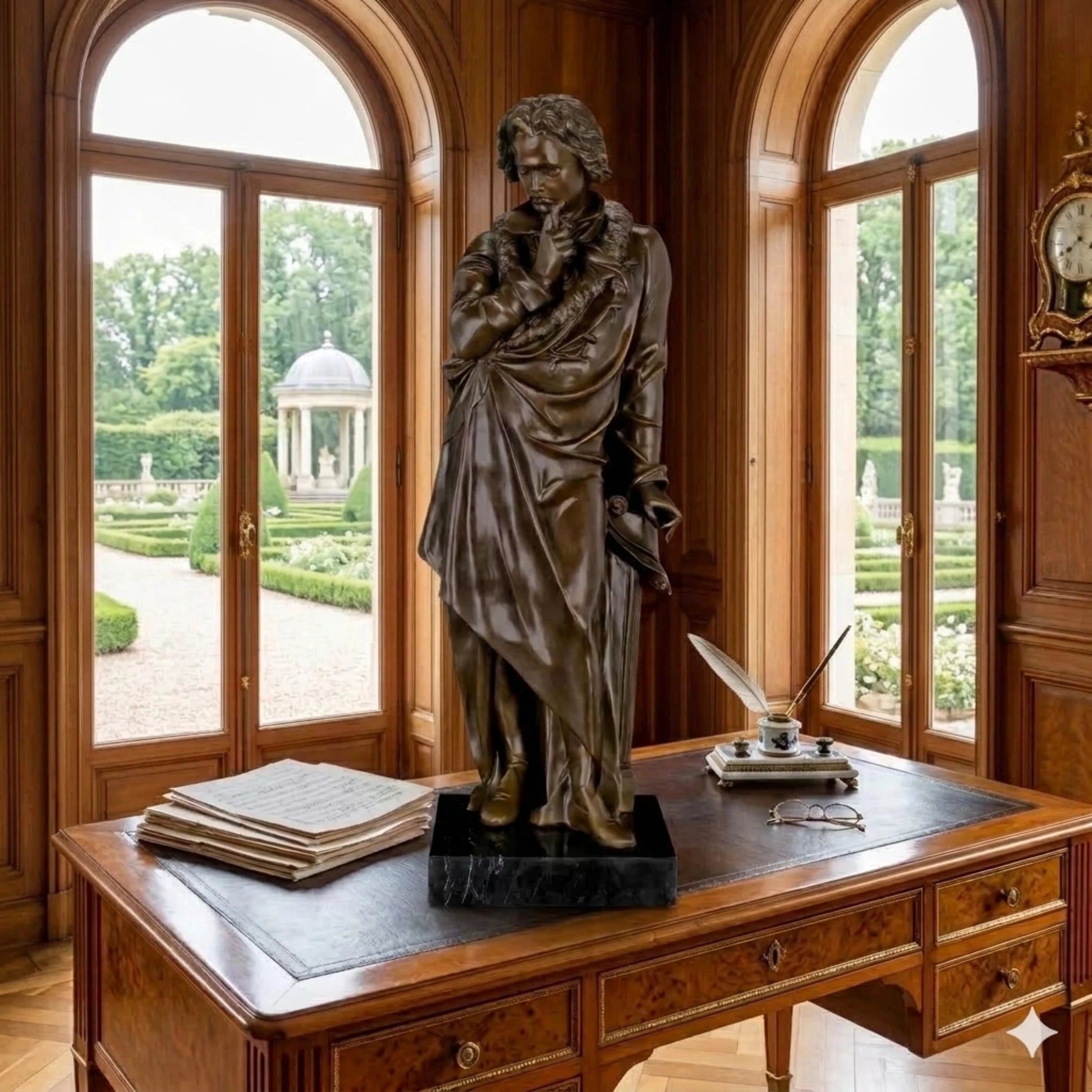 Full-length bronze statue of Ludwig van Beethoven, capturing his creative genius and strength. Handcrafted sculpture with marble base—ideal for collectors, musicians, and statement interiors.