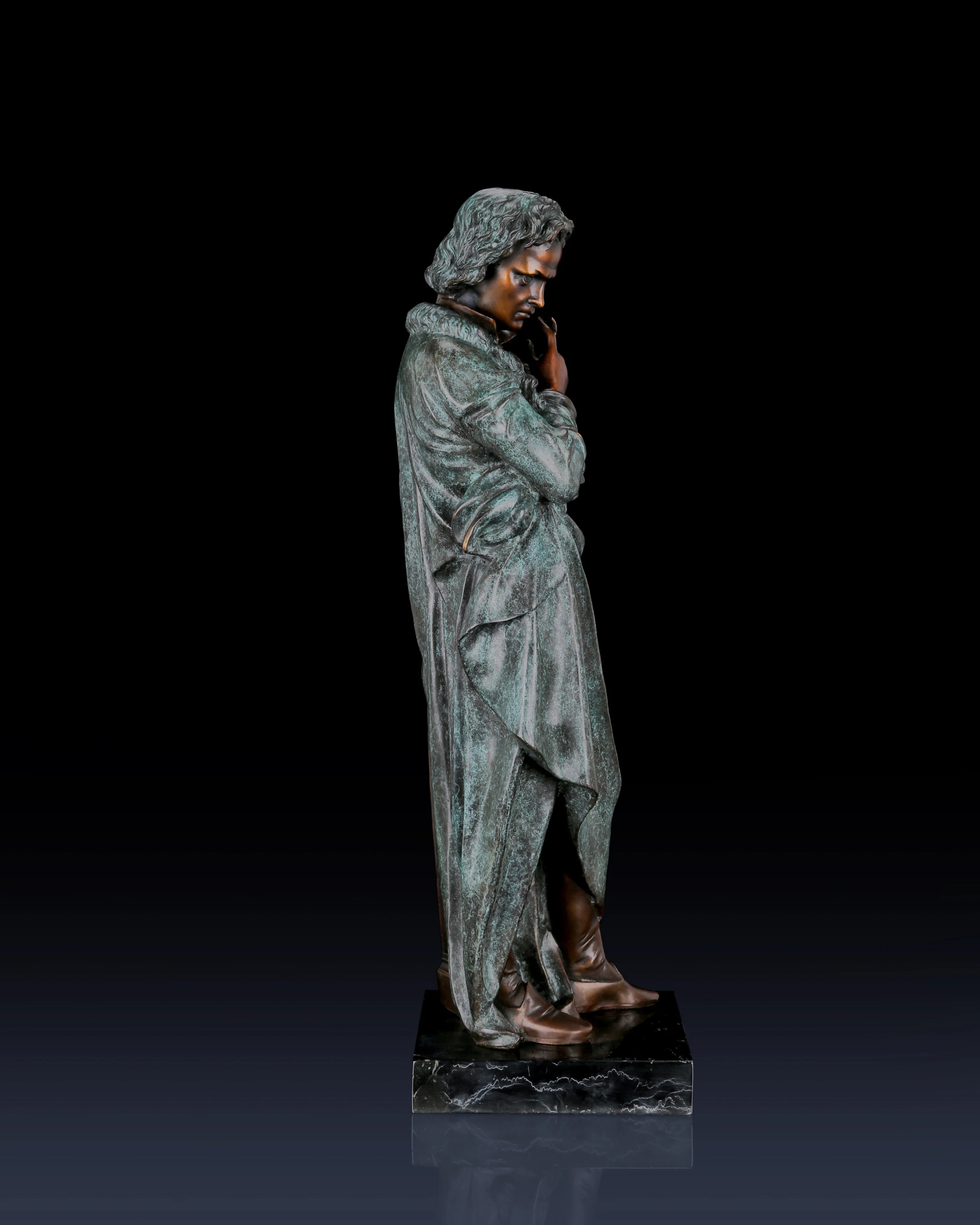 This is a dramatic full-length bronze statue of Ludwig van Beethoven, the legendary German composer, crafted using the lost-wax casting method with a striking verdigris patina.