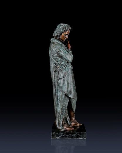This is a dramatic full-length bronze statue of Ludwig van Beethoven, the legendary German composer, crafted using the lost-wax casting method with a striking verdigris patina.