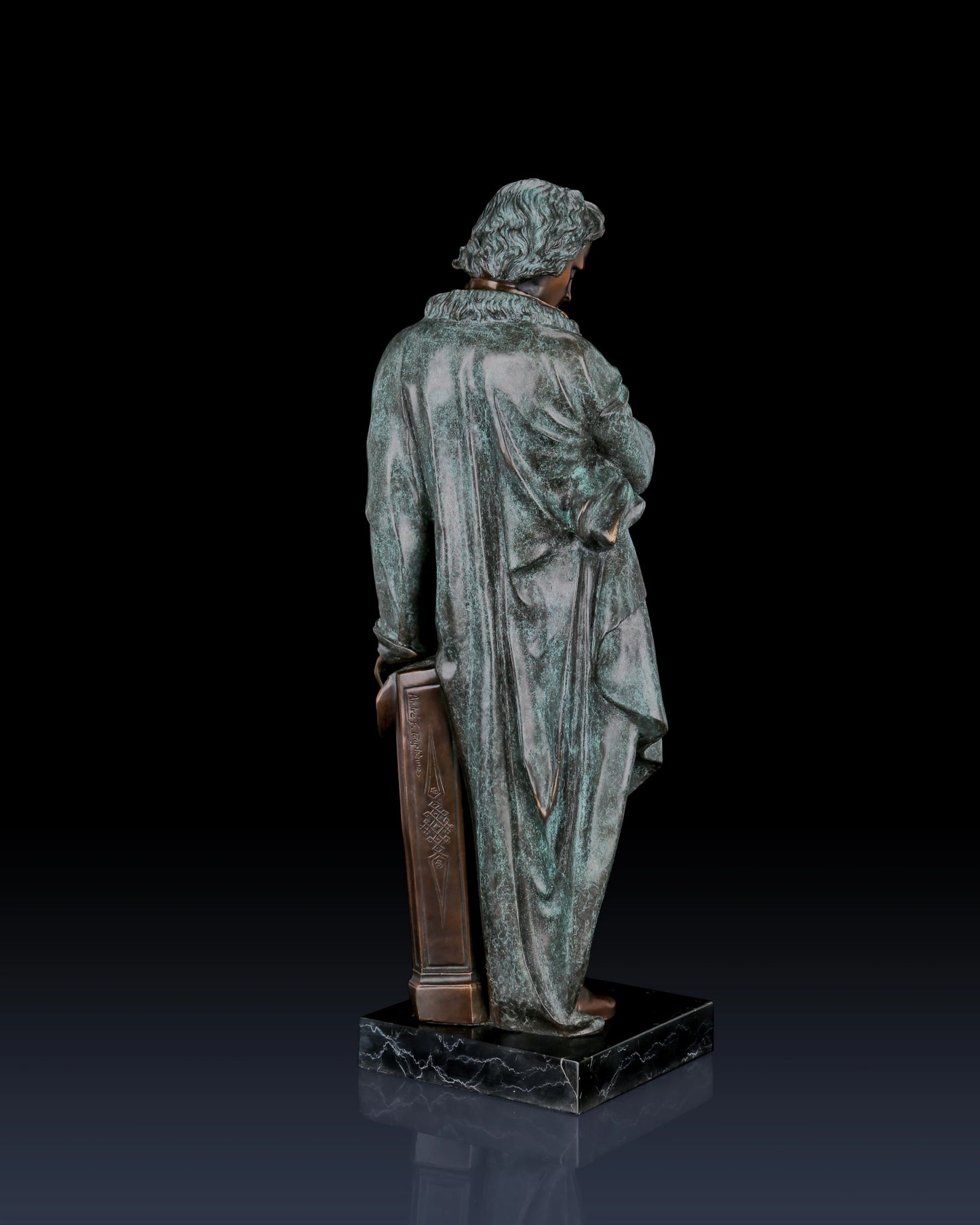 Full-length Beethoven bronze statue with verdigris patina. Handcrafted sculpture with marble base—perfect for collectors, musicians, and luxury statement interiors.