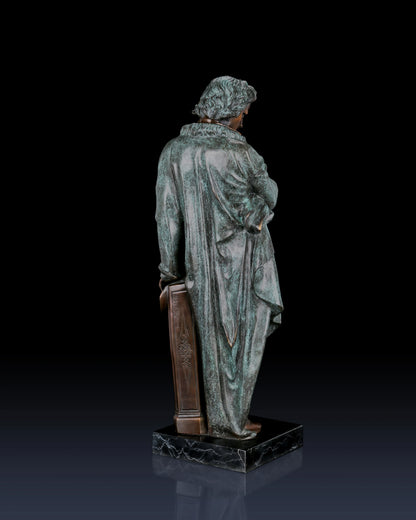 Full-length Beethoven bronze statue with verdigris patina. Handcrafted sculpture with marble base—perfect for collectors, musicians, and luxury statement interiors.