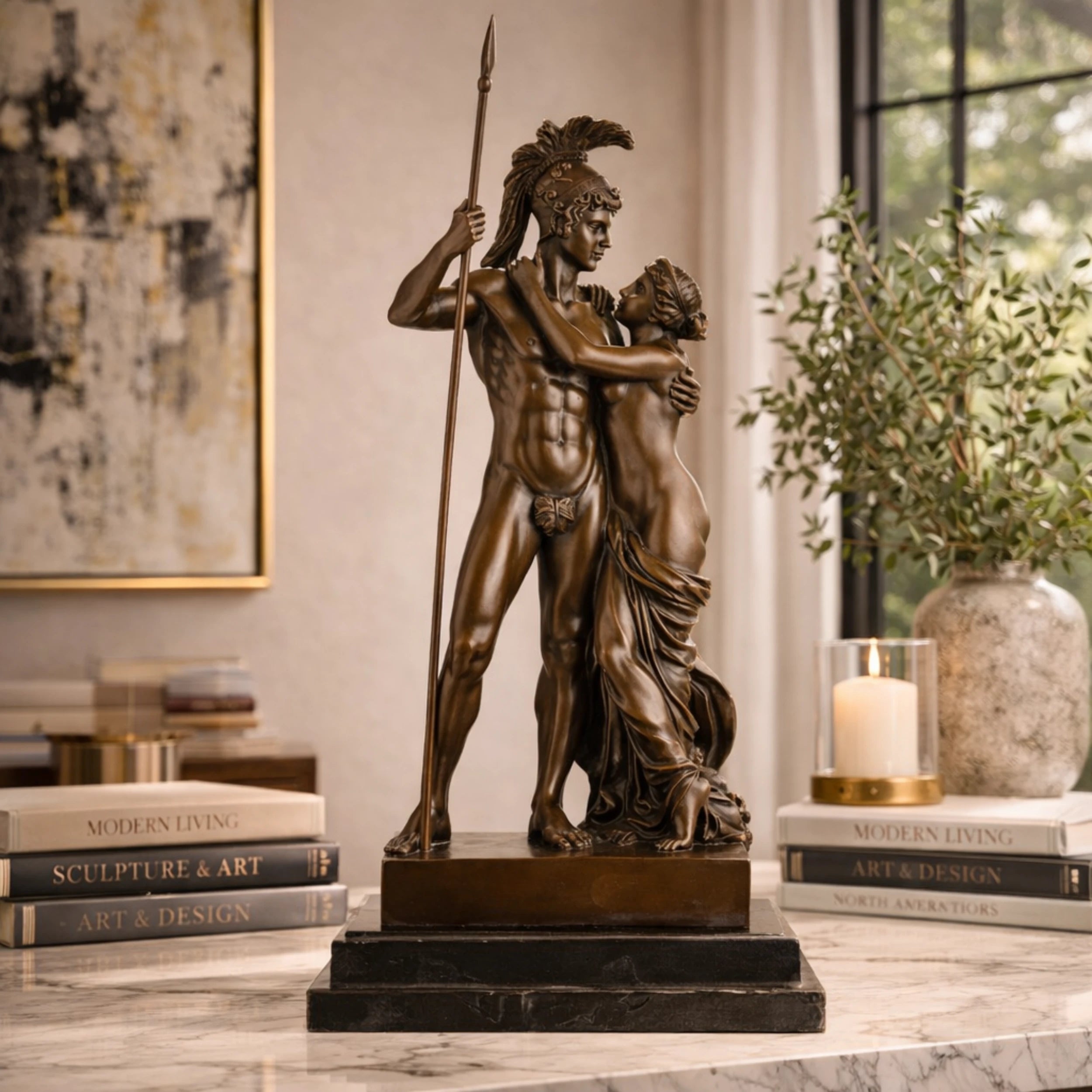 Mars and Venus bronze sculpture depicting love conquering war, mythological God and Goddess statue on stepped black marble base, loss wax casting classical fine art.