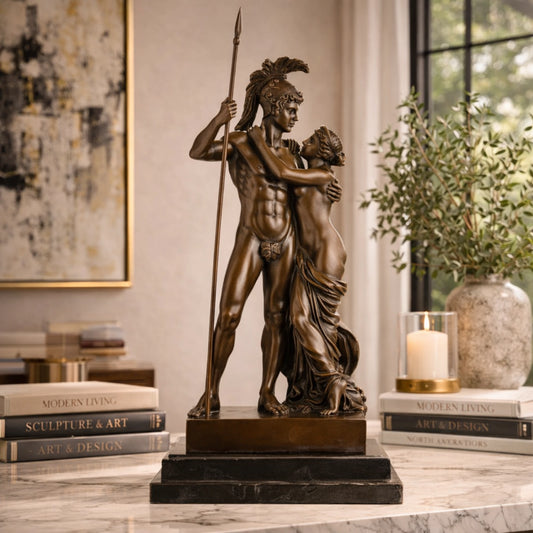 Mars and Venus bronze sculpture depicting love conquering war, mythological God and Goddess statue on stepped black marble base, loss wax casting classical fine art.