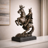 Medieval knight in plate armor on rearing horse bronze sculpture, detailed horse barding and armor statue on black marble base, loss wax casting historical art.