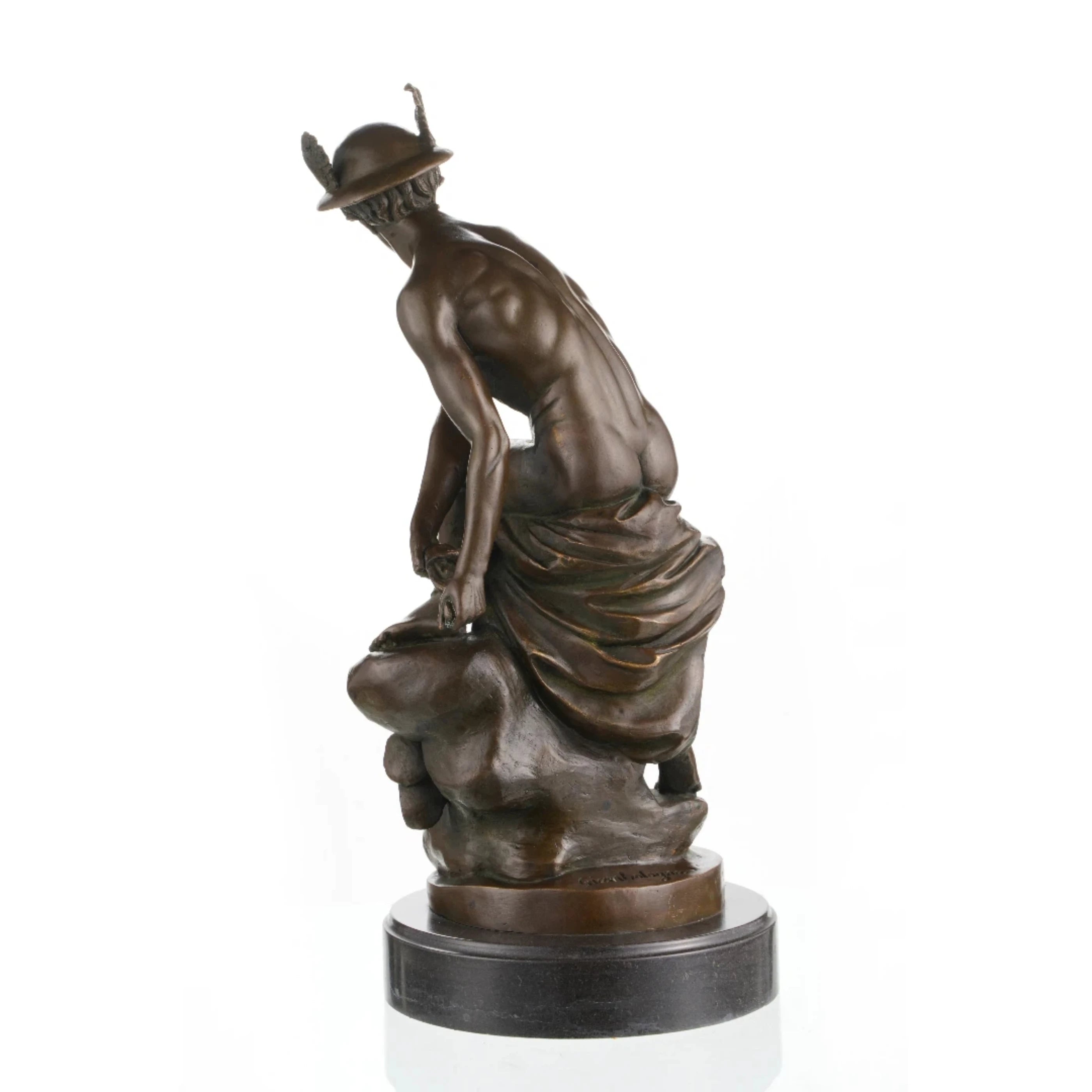 Classical bronze Hermes Mercury statue with winged hat, dynamic athletic god sculpture on round black marble base, loss wax casting mythological art.