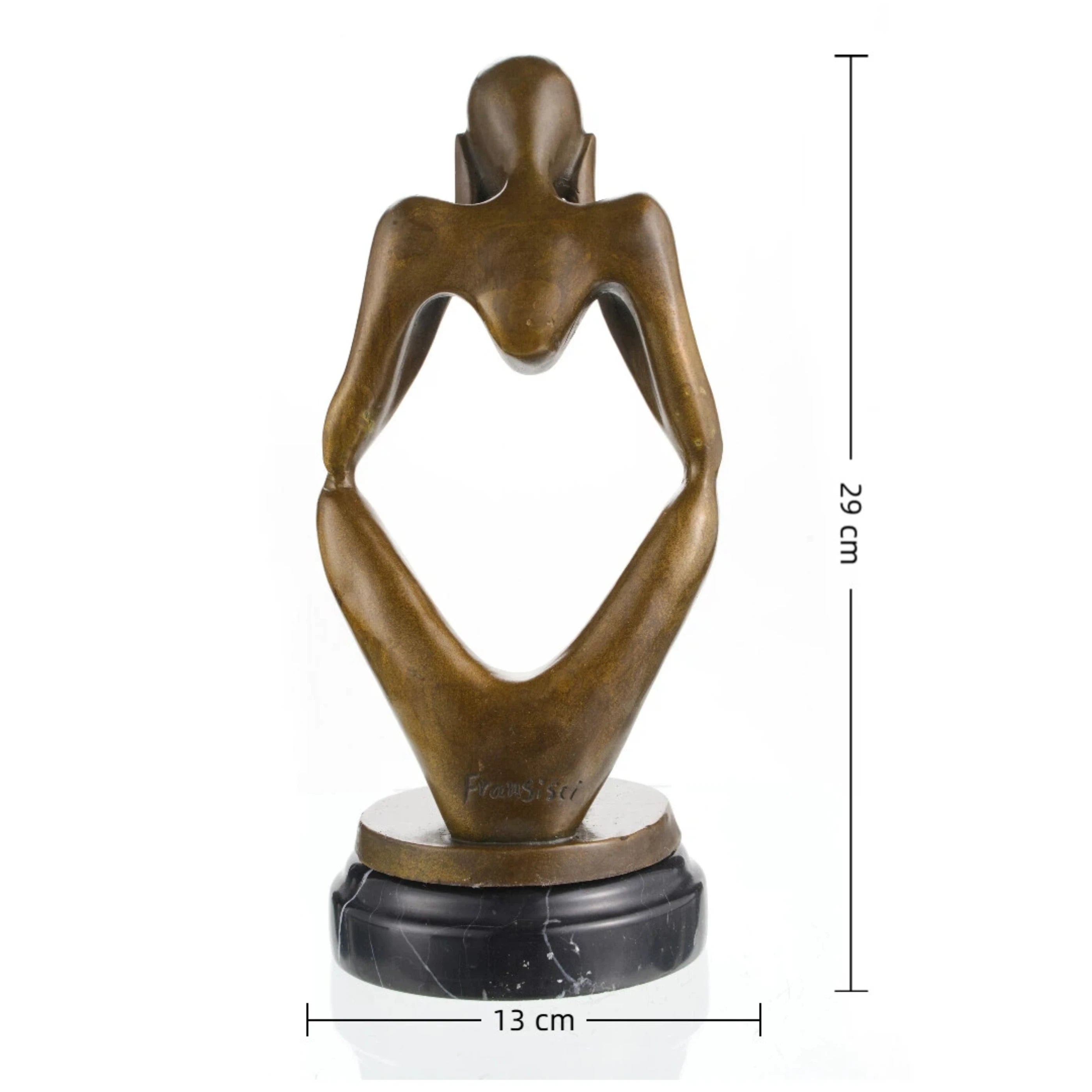 Minimalist abstract bronze sculpture of a seated faceless figure in deep thought, introspective human form statue on black marble base, loss wax casting modern art.