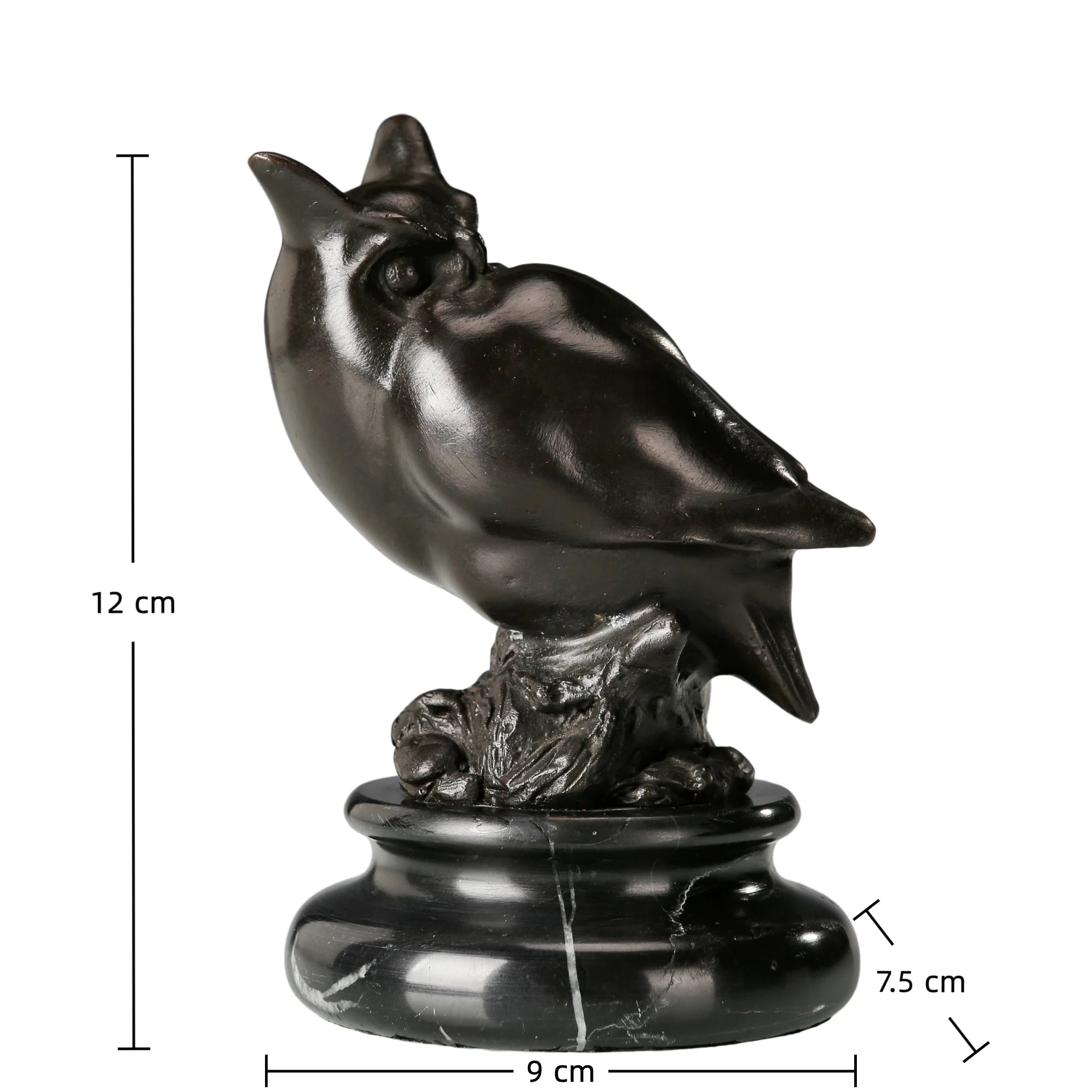 a modern abstract bronze owl sculpture with smooth minimalist lines and a black marble base. A stylish symbol of wisdom, perfect for contemporary home or office decor.