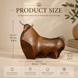Minimalist abstract bronze bull sculpture with rounded geometric forms, stylized modern bull statue on black marble base, loss wax casting contemporary art.