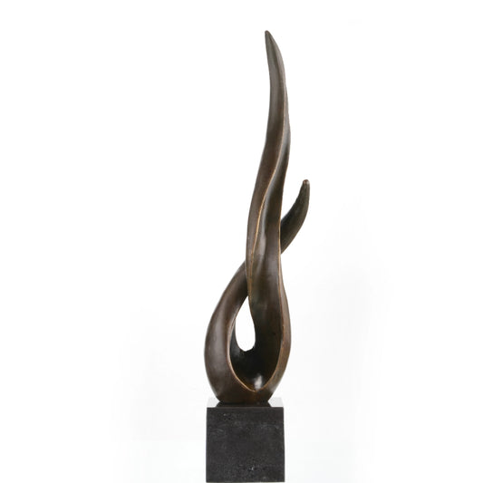 Minimalist abstract bronze sculpture of intertwined fluid forms, modern flame silhouette statue on square black marble base, loss wax casting symbolic art.
