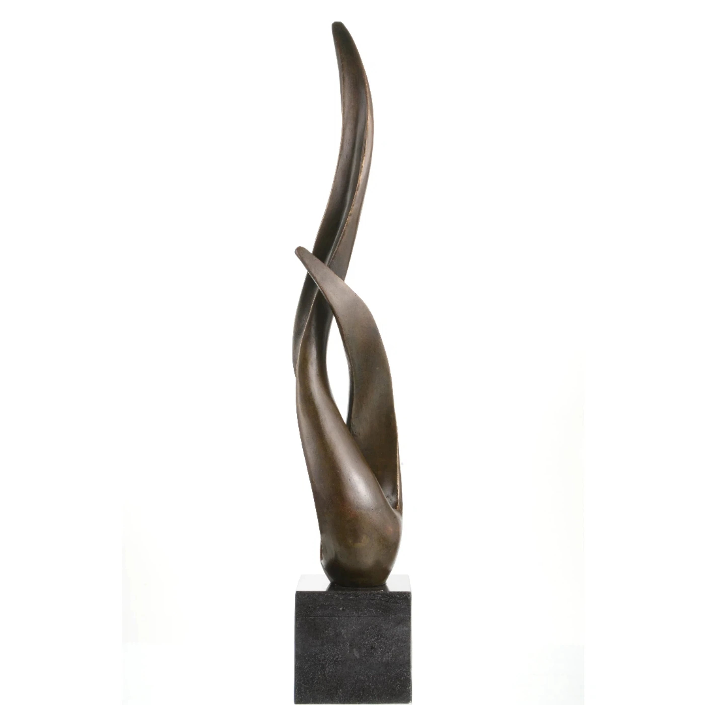 Minimalist abstract bronze sculpture of intertwined fluid forms, modern flame silhouette statue on square black marble base, loss wax casting symbolic art.