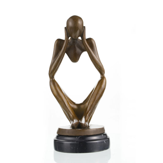 Minimalist abstract seated figure bronze sculpture on marble base