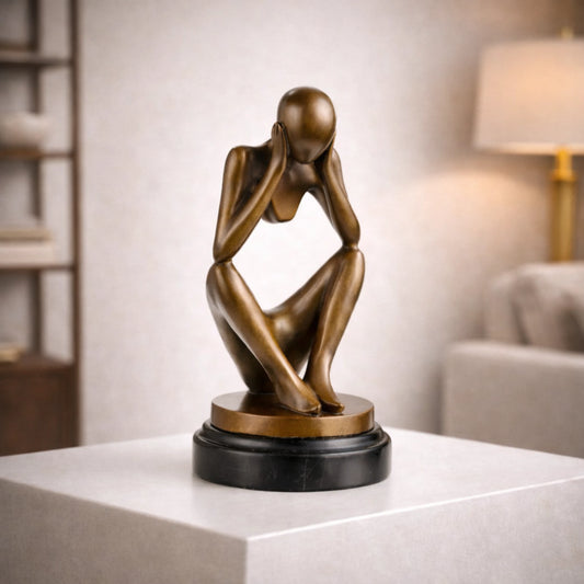 Modern abstract bronze sculpture of a seated faceless figure in deep thought, introspective human form statue on black marble base, loss wax casting modern art.