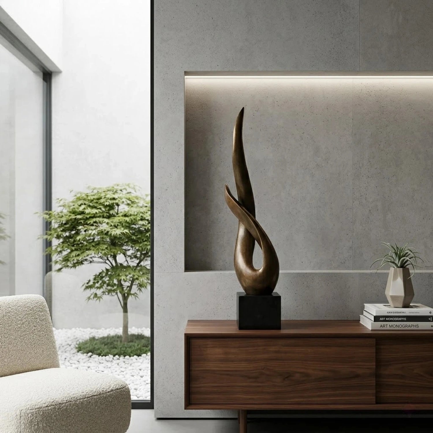 Minimalist abstract bronze sculpture of intertwined fluid forms, modern flame silhouette statue on square black marble base, loss wax casting symbolic art.