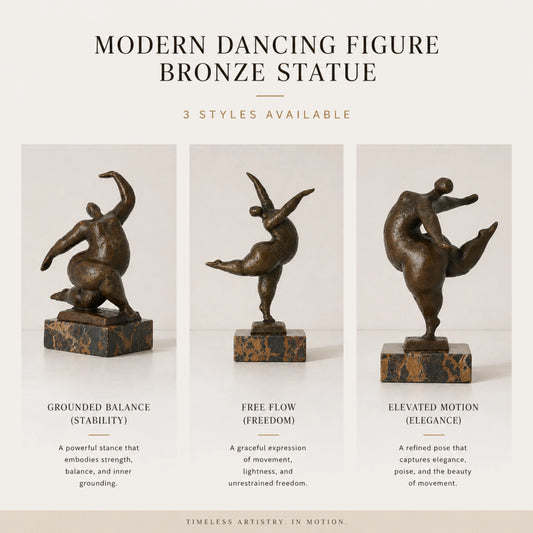 Modern dancing figure bronze sculpture with rounded abstract form on marble base, contemporary home decor
