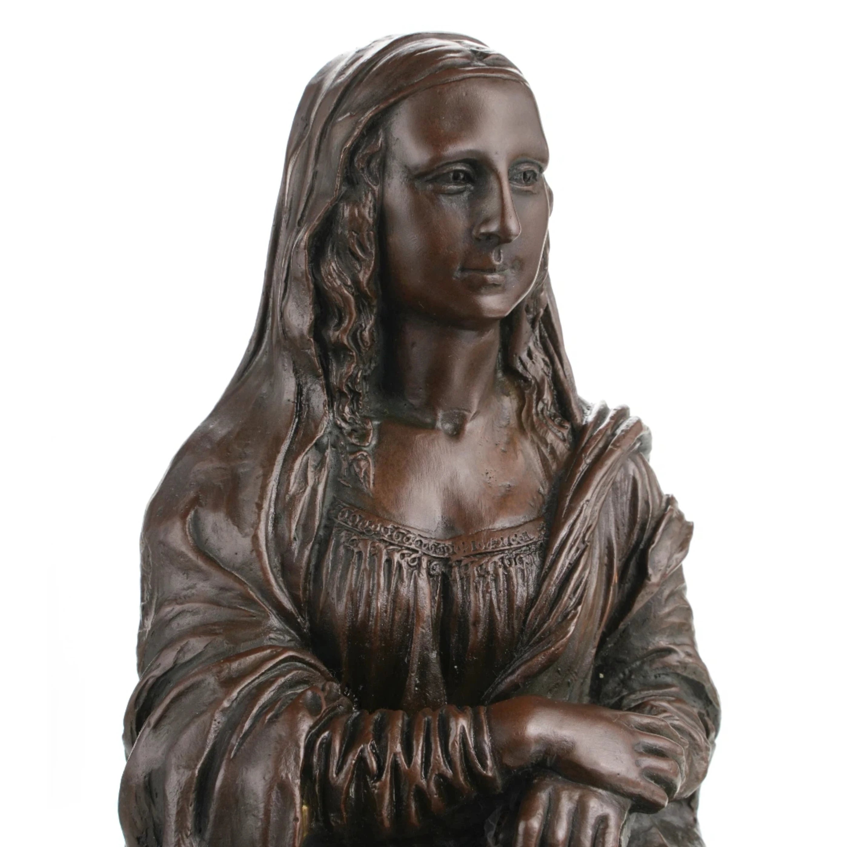 Mona Lisa bronze bust statue after Leonardo da Vinci, Renaissance woman sculpture  with crossed hands on round black marble base, loss wax casting fine art.