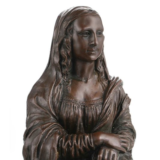 Mona Lisa bronze bust statue after Leonardo da Vinci, Renaissance woman sculpture  with crossed hands on round black marble base, loss wax casting fine art.