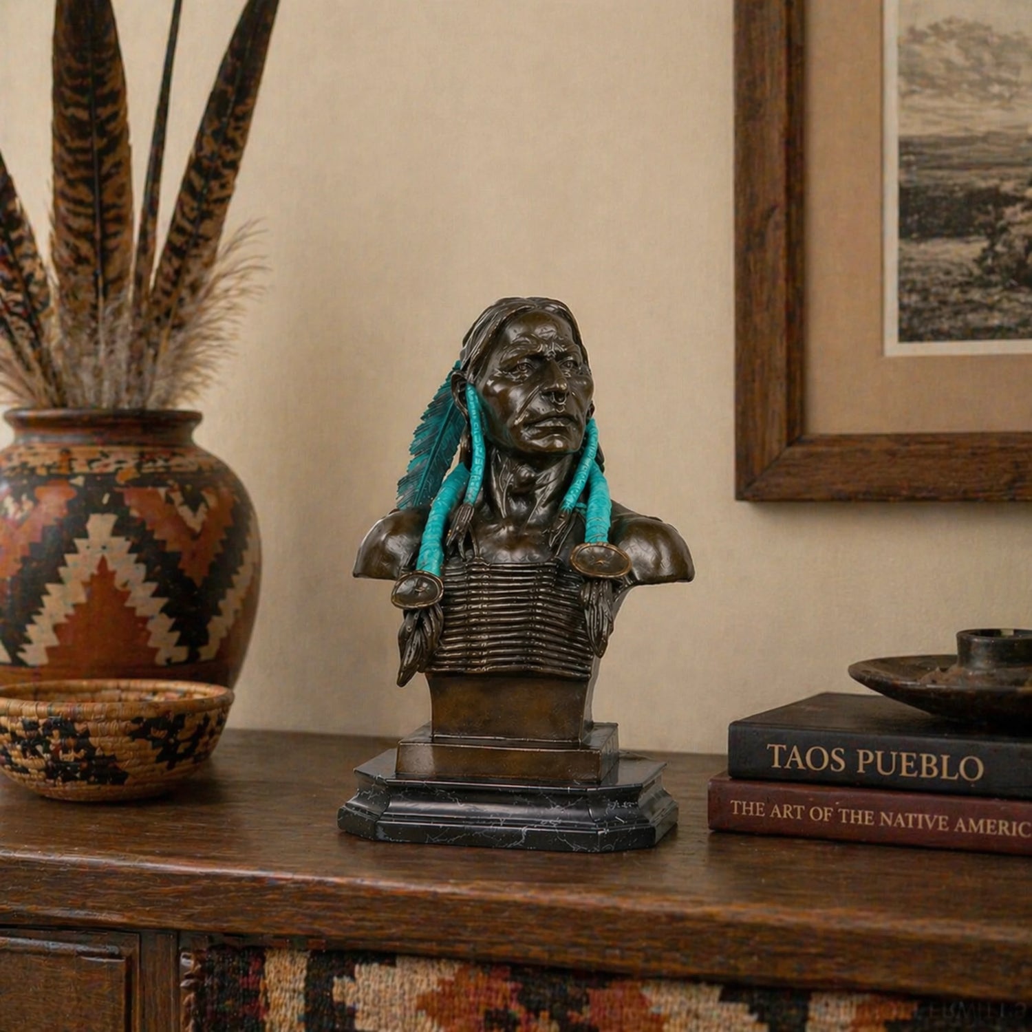 Detailed Native American chief bronze bust with turquoise hair ornaments, solemn tribal leader statue on octagonal black marble base, loss wax casting western art.
