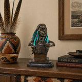 Detailed Native American chief bronze bust with turquoise hair ornaments, solemn tribal leader statue on octagonal black marble base, loss wax casting western art.