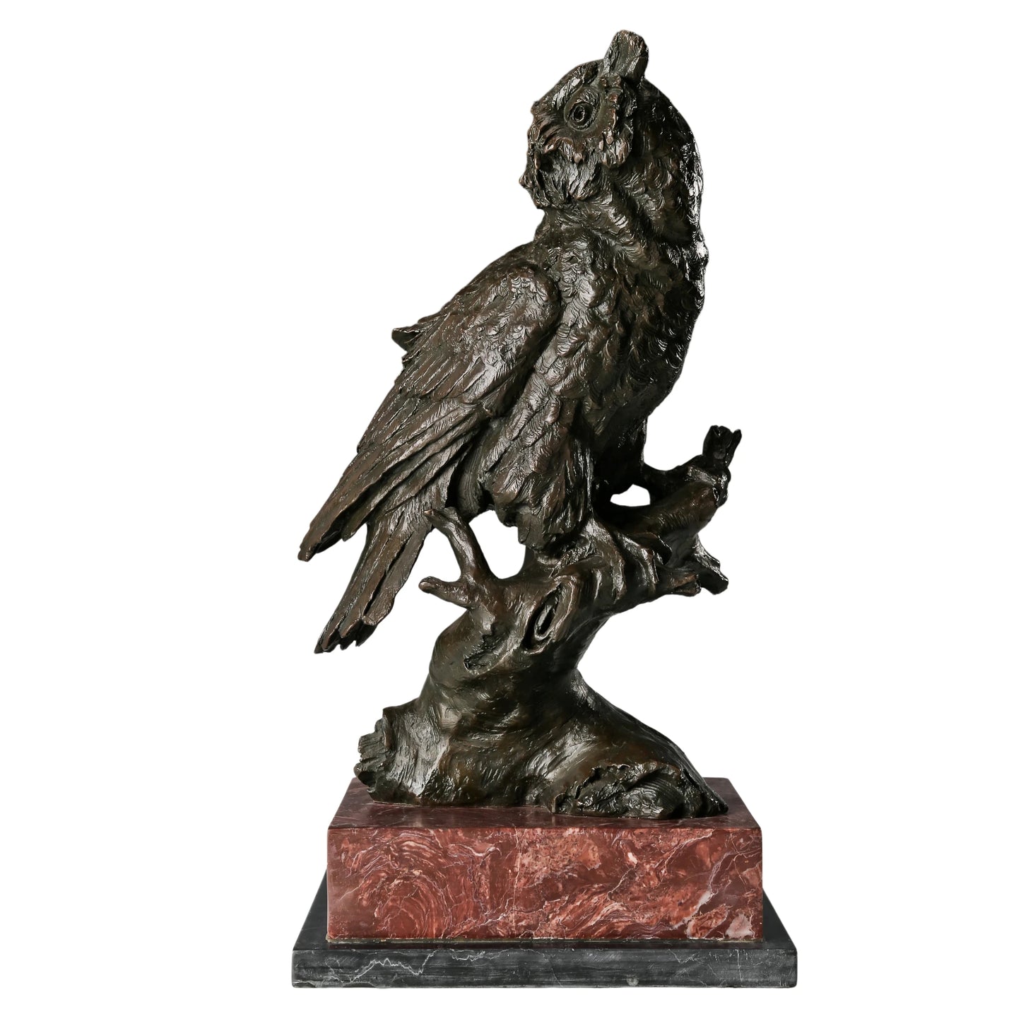 a realistic bronze owl sculpture with detailed feather textures and a striking red and black marble base. A symbol of wisdom, perfect for home, office, or library decor.