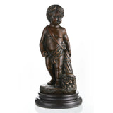 Classical bronze putto statue with overflowing cornucopia fruit, curly-haired cherub sculpture on stepped black marble base, loss wax casting harvest art.