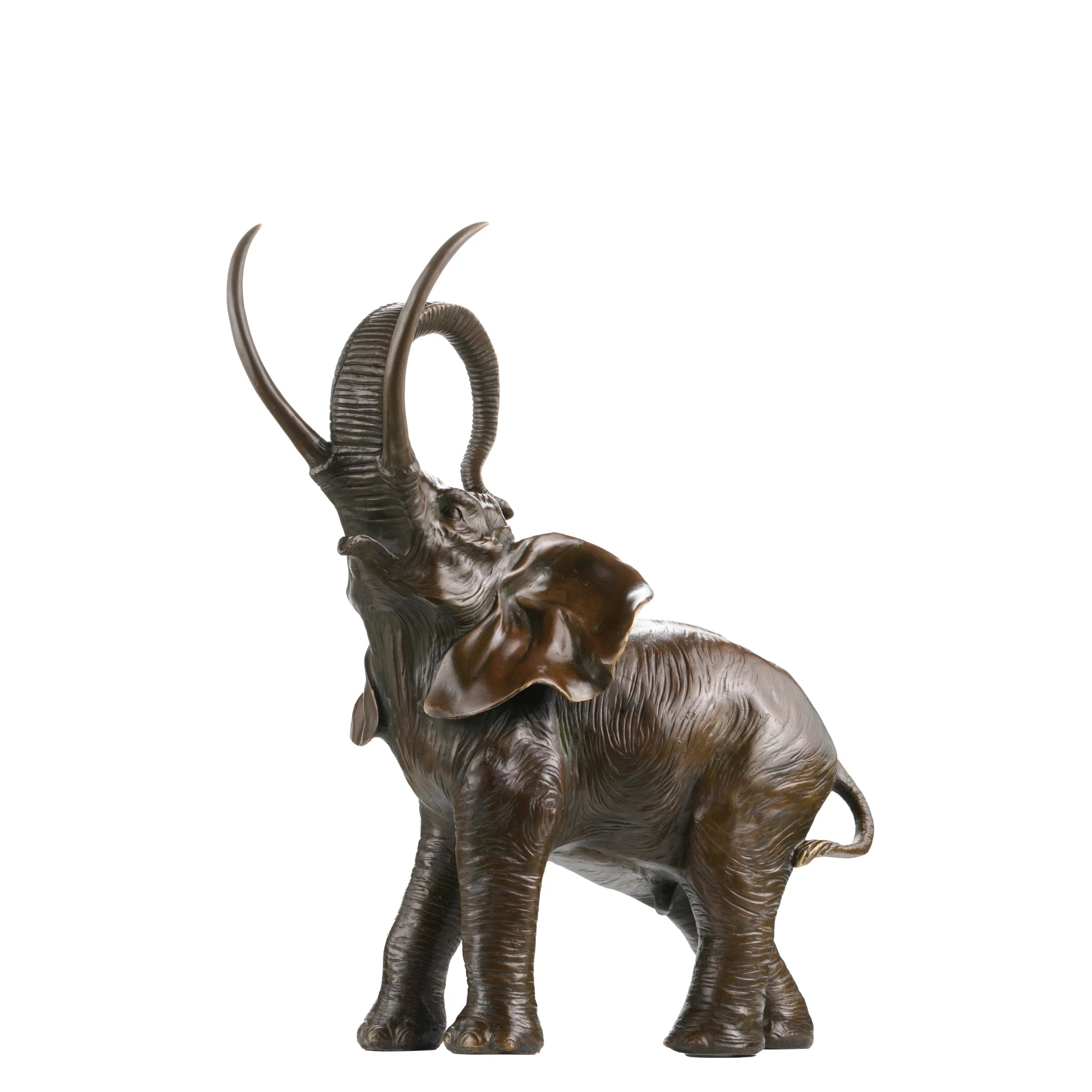 A highly detailed naturalistic bronze elephant sculpture with its trunk curled upward, a timeless symbol of strength and good fortune for office decor.