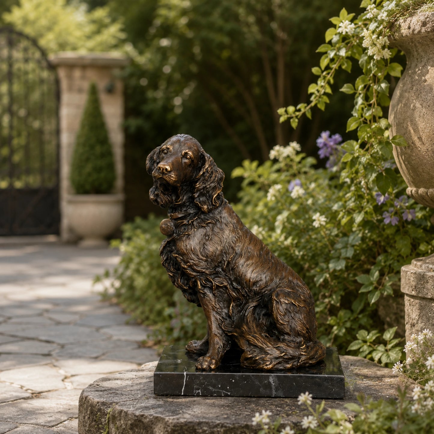 Realistic bronze spaniel sculpture crafted using the lost-wax casting method. A charming dog statue symbolizing loyalty, warmth, and companionship.