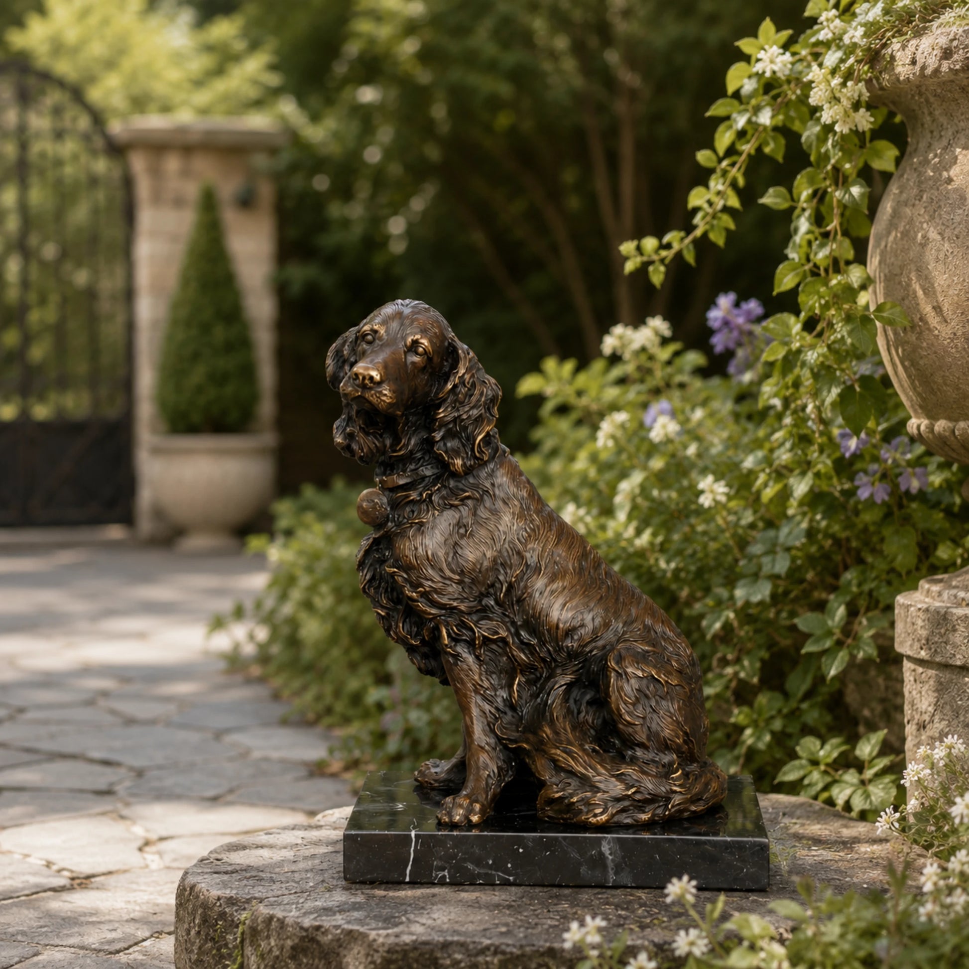 Realistic bronze spaniel sculpture crafted using the lost-wax casting method. A charming dog statue symbolizing loyalty, warmth, and companionship.