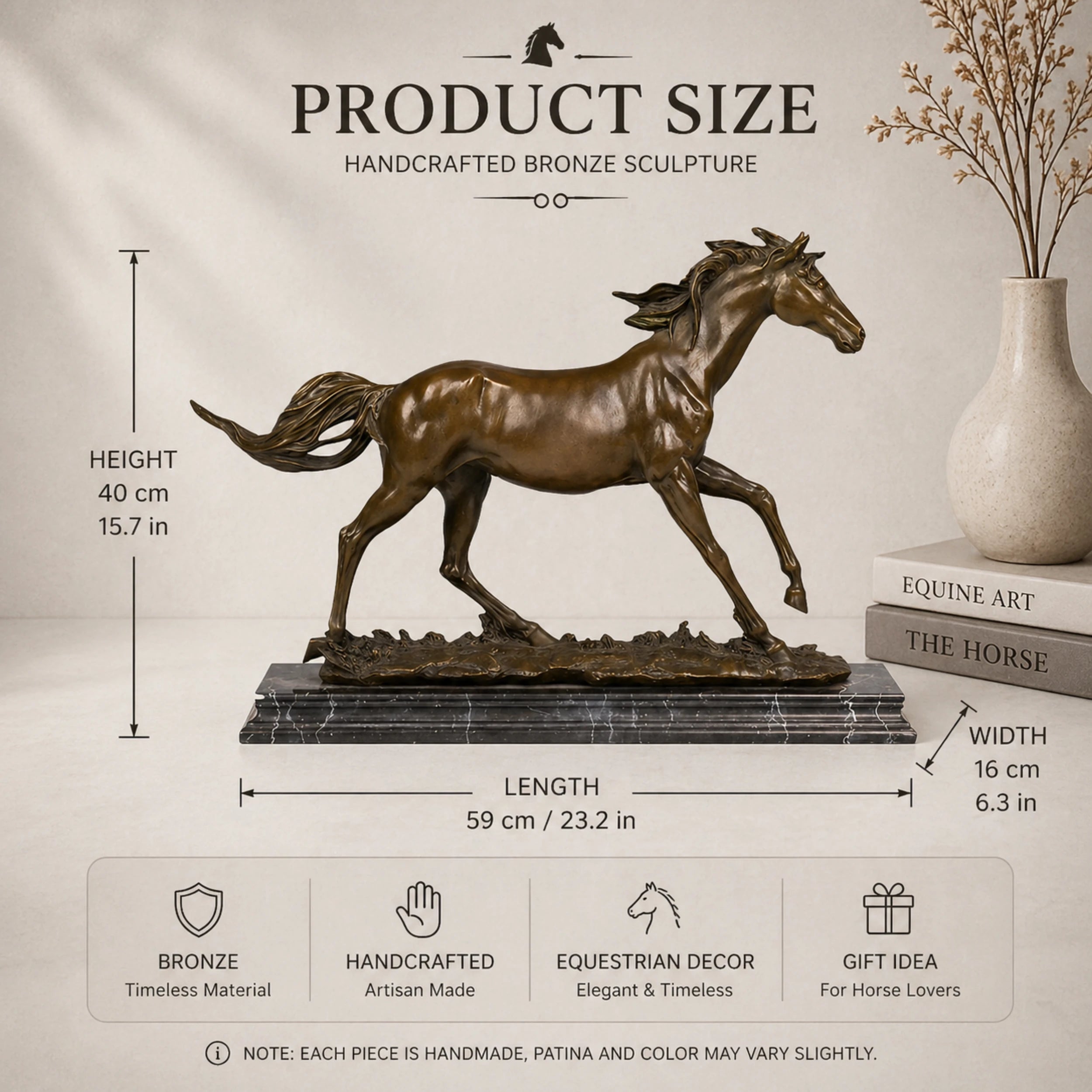Realistic galloping horse bronze sculpture with detailed musculature on marble base
