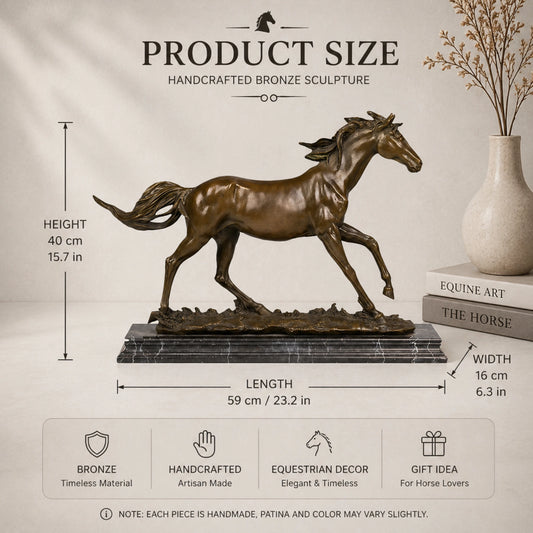 Realistic galloping horse bronze sculpture with detailed musculature on marble base
