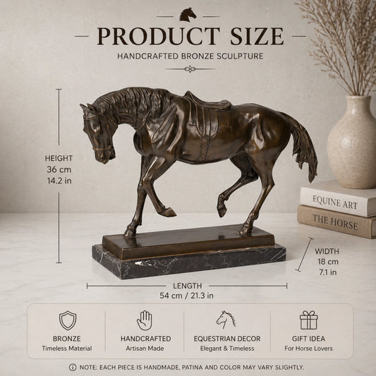 Realistic saddled horse bronze sculpture with detailed saddle and calm posture on marble base