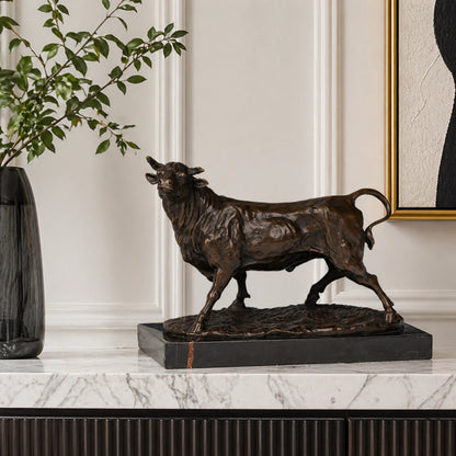 Realistic walking bronze bull sculpture with noble bearing and detailed anatomy, walking animal statue on red-veined black marble base, loss wax casting fine art.