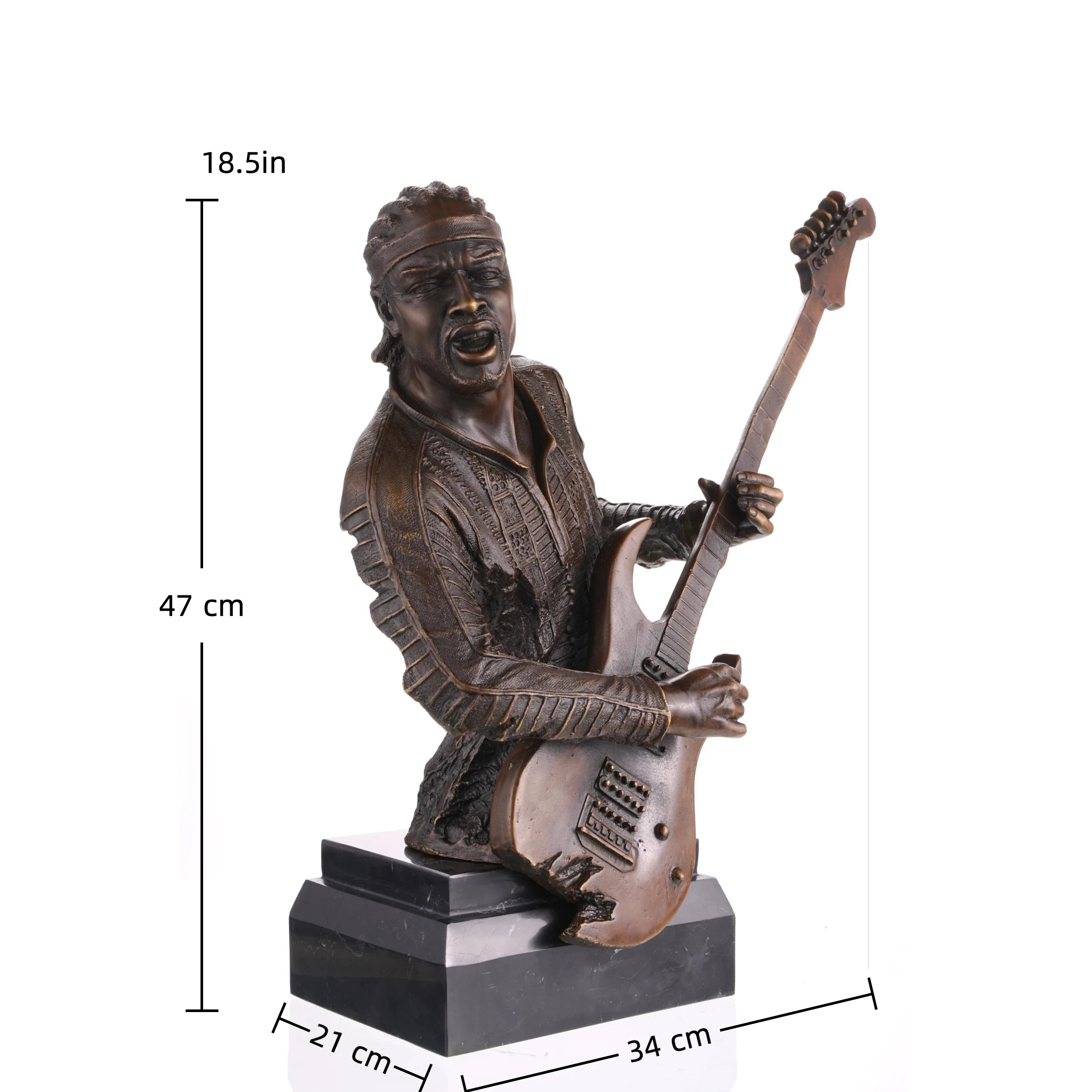 Realistic bronze rock guitarist bust with electric guitar, music themed sculpture on black marble base, edgy decor for recording studios.