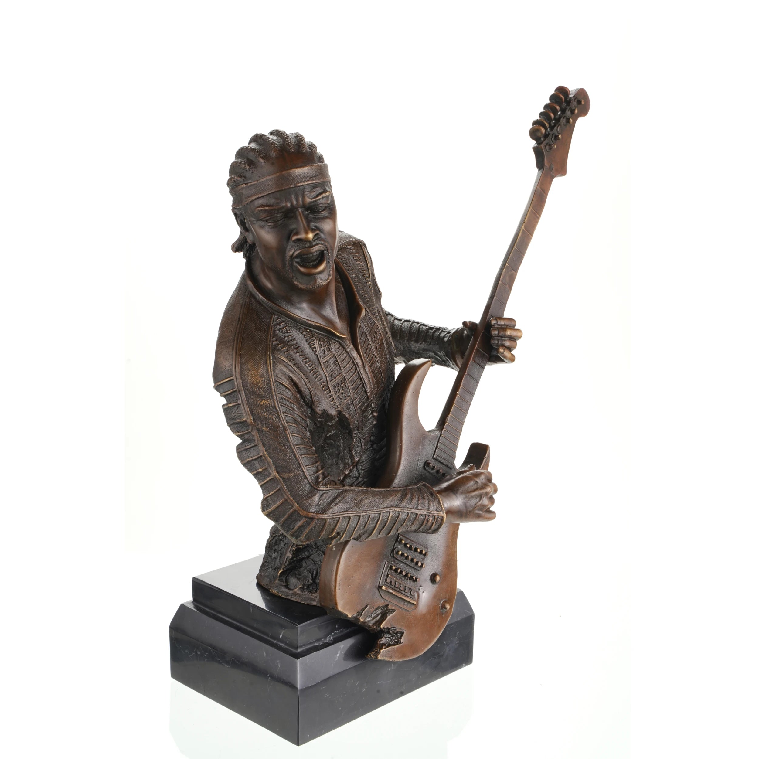 Rock guitarist bronze bust with electric guitar on marble base