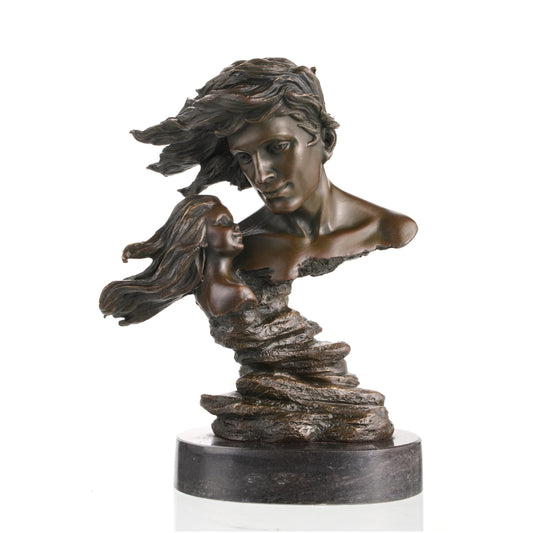 Modern romantic bronze statue of a couple in love with billowing hair, windswept lovers floating bust on round black marble base, loss wax casting romantic art.