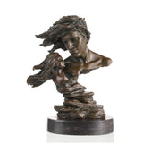 Modern romantic bronze statue of a couple in love with billowing hair, windswept lovers floating bust on round black marble base, loss wax casting romantic art.