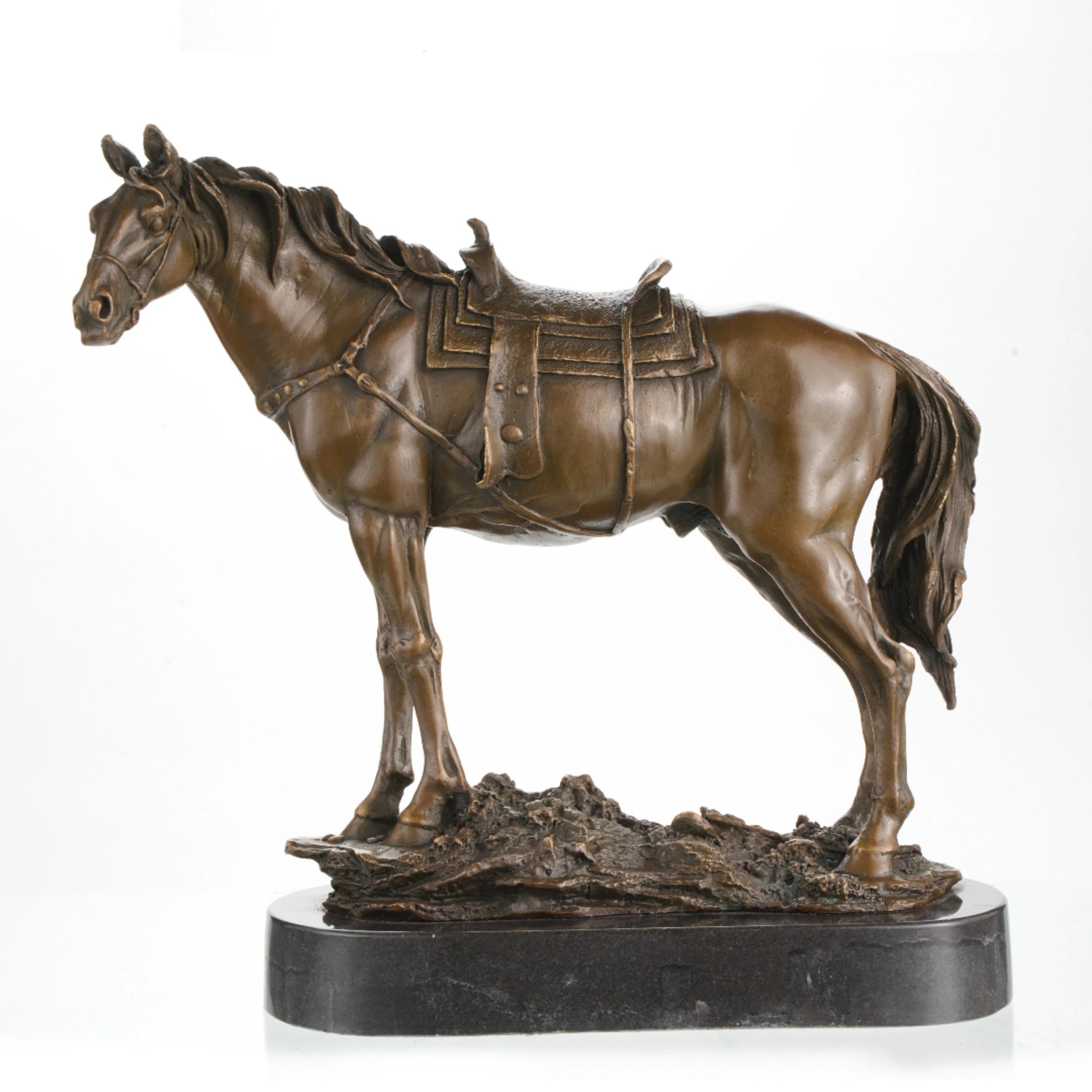 Saddled standing bronze horse sculpture with detailed tack and warm brown patina, realistic equestrian statue on black marble base, loss wax casting fine art.