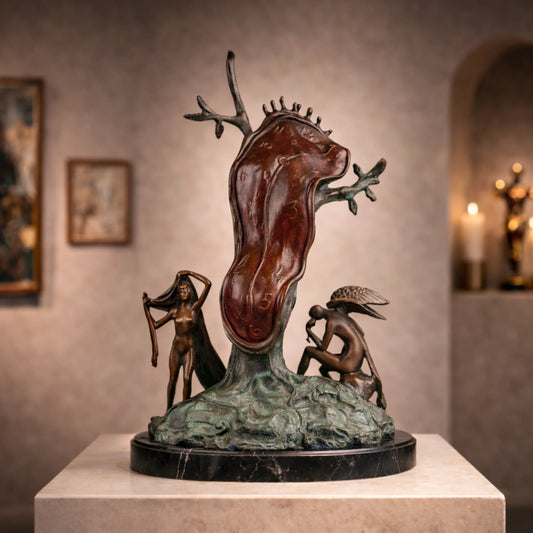 Salvador Dalí bronze melting clock sculpture Persistence of Memory, surrealist statue with winged faun and female figure on black marble base, loss wax casting fine art.