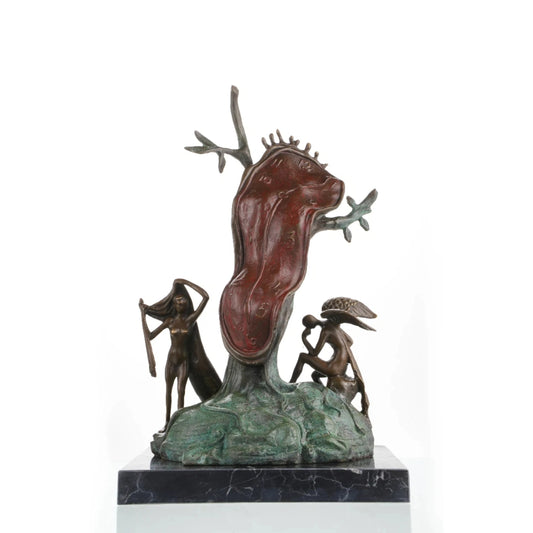 Salvador Dalí bronze melting clock sculpture Persistence of Memory, surrealist statue with winged faun and female figure on black marble base, loss wax casting fine art.