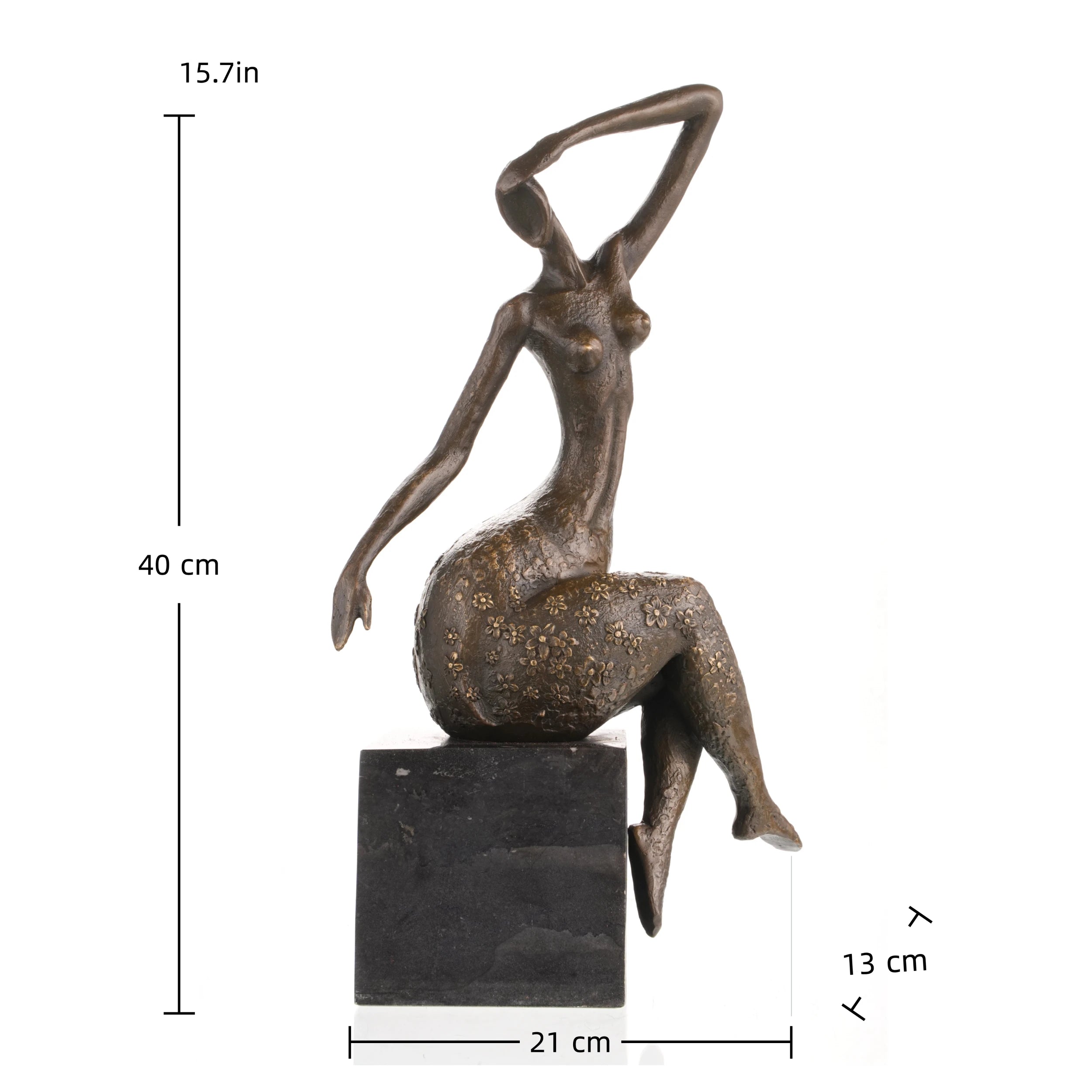 Contemporary abstract bronze seated female sculpture with golden floral motifs, graceful woman statue with raised arm on black marble base, loss wax casting modern art.