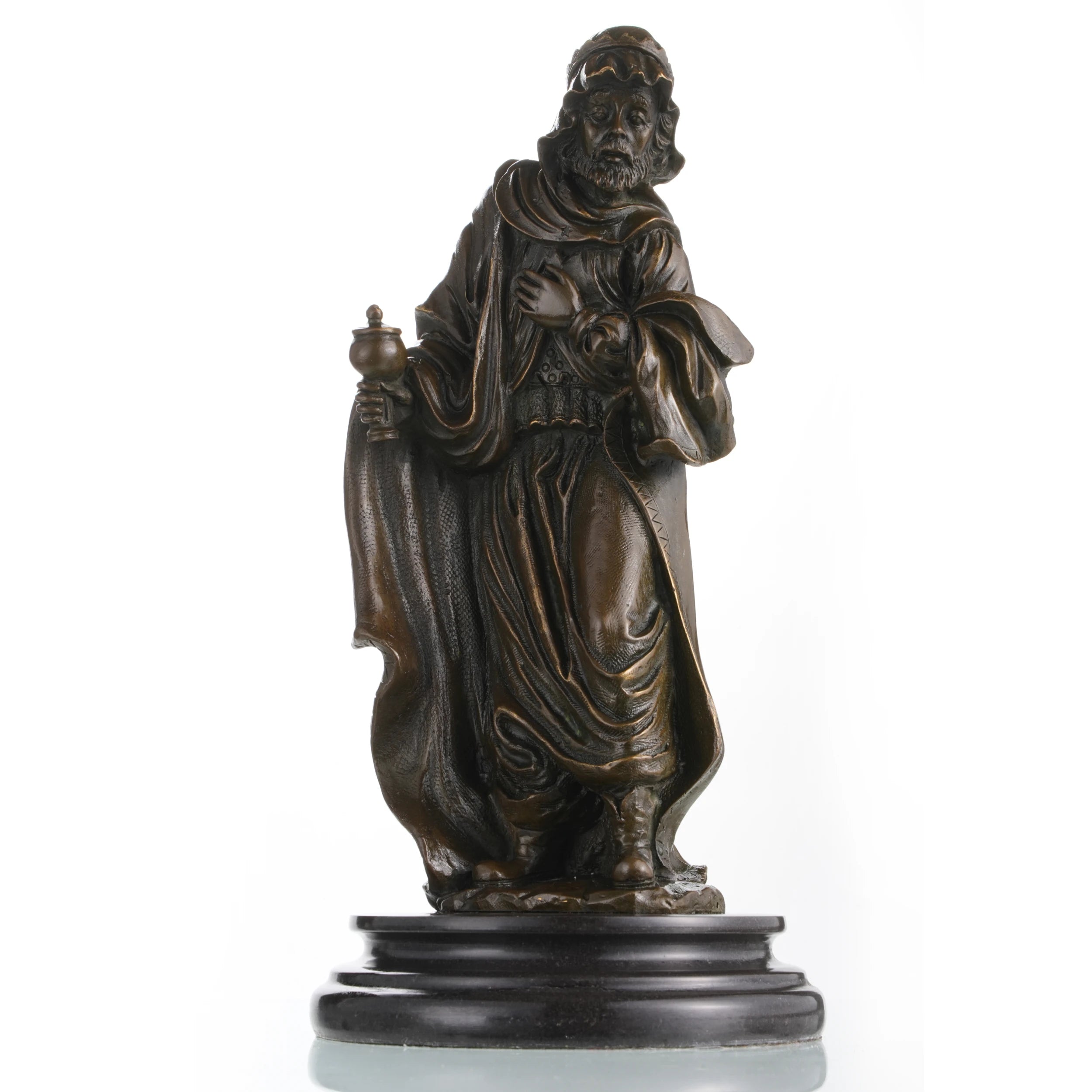 Solid bronze biblical magus statue with offering vessel, sacred religious wise man sculpture on round marble base.