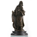 Solid bronze biblical magus statue with offering vessel, sacred religious wise man sculpture on round marble base.
