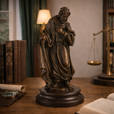 Solid bronze biblical magus statue with offering vessel, sacred religious wise man sculpture on round marble base.