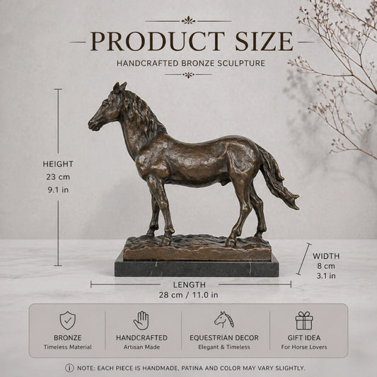 Naturalistic standing bronze horse sculpture with detailed musculature and flowing mane, realistic equestrian statue on black marble base, lost wax casting fine art.
