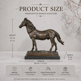 Naturalistic standing bronze horse sculpture with detailed musculature and flowing mane, realistic equestrian statue on black marble base, lost wax casting fine art.