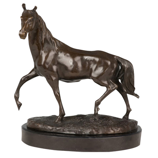 Trotting horse bronze sculpture with raised leg and elegant posture on marble base