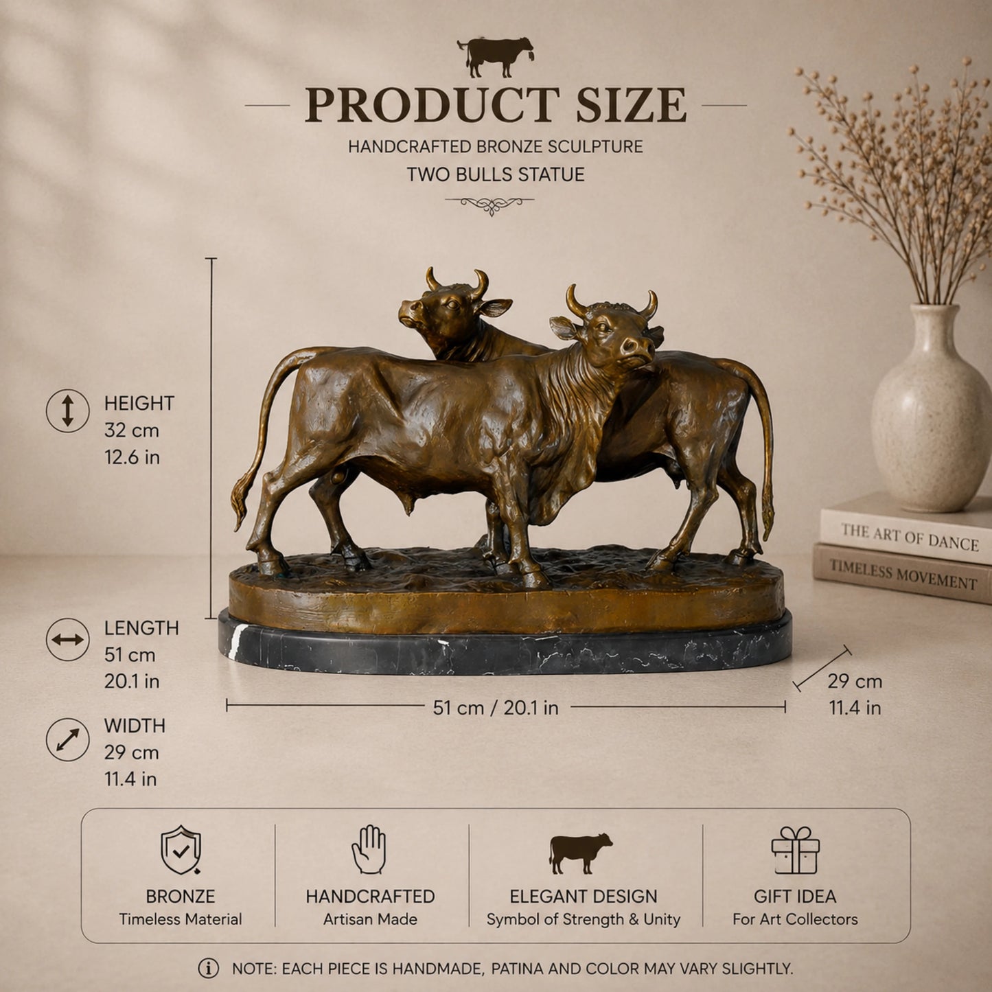 Detailed bronze cattle statue of a bull and cow standing together, realistic livestock sculpture on veined black marble base, loss wax casting fine art.