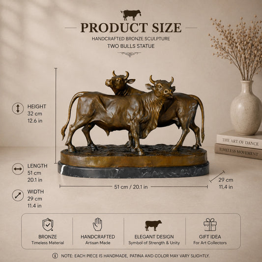 Detailed bronze cattle statue of a bull and cow standing together, realistic livestock sculpture on veined black marble base, loss wax casting fine art.