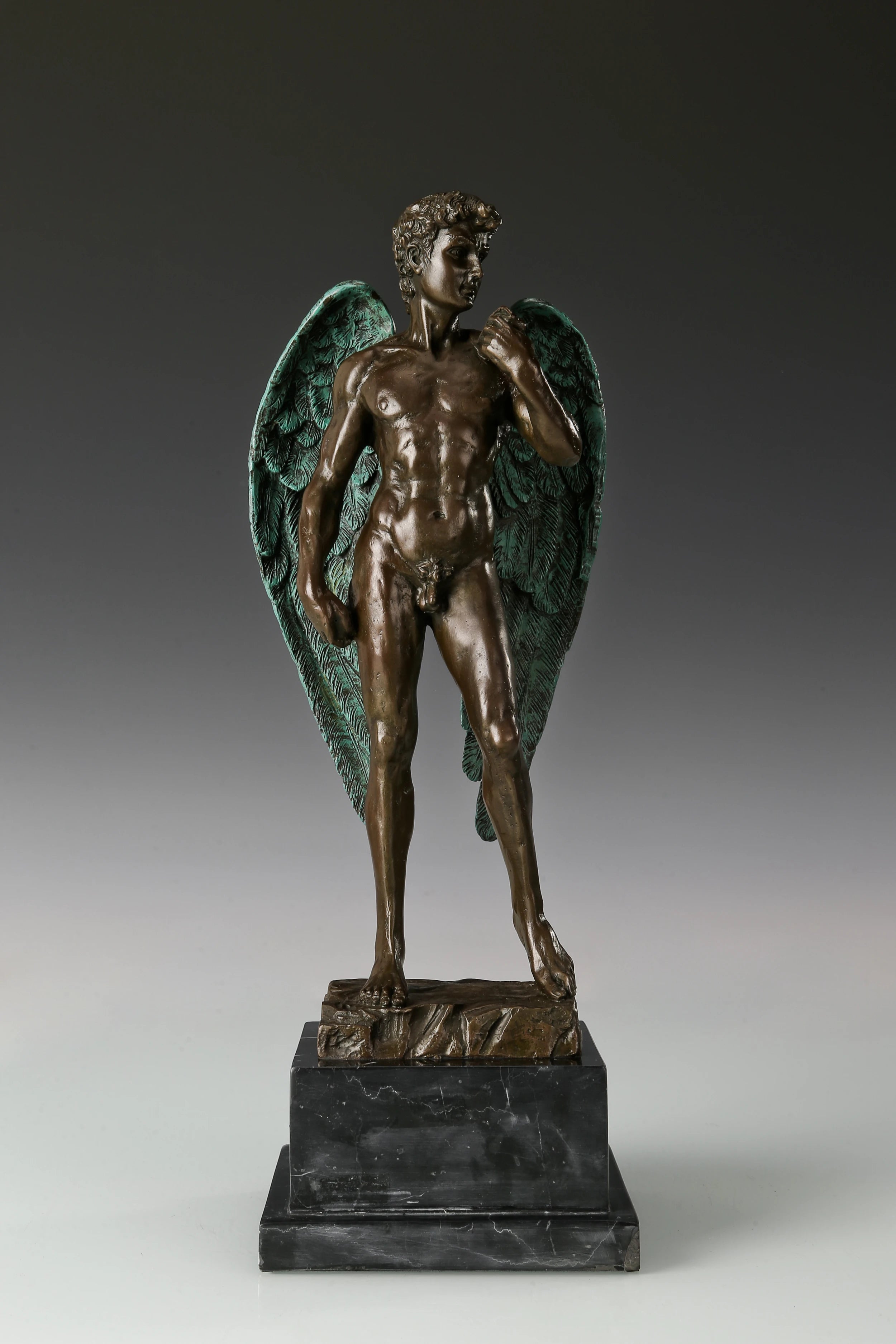 Winged David bronze sculpture with angel wings on marble base